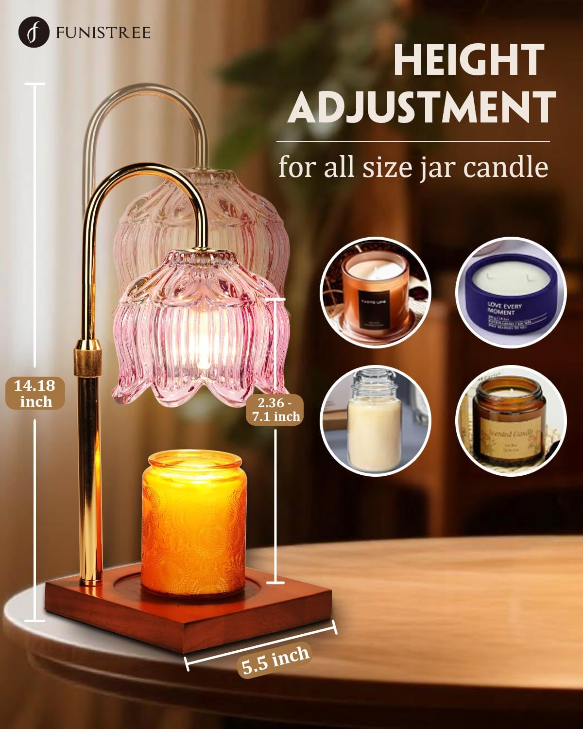 Pink Candle Warmer Lamp with Timer & Dimmer, Candle Lamp Warmer Adjustable Height, Gifts for Women Mom Birthday Christmas, House Warming New Home Bedroom Decor,Lotus Flower Wax Warmer for Jar Candles