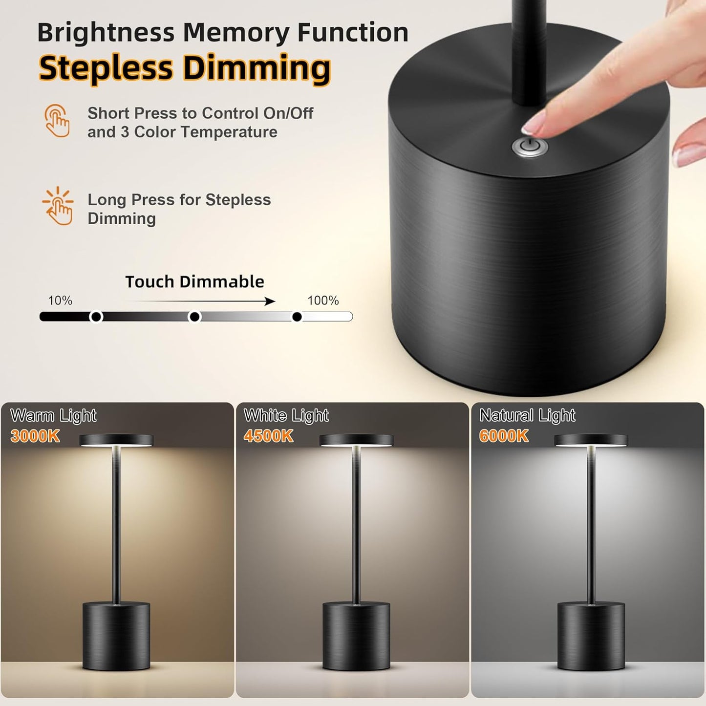 Cordless Table Lamps Rechargeable - Outdoor Portable LED Table Light 5000mAh Battery Operated Lamp 3 Color Stepless Dimming with Memory Function for Restaurant Dining Patio 2Pack Black