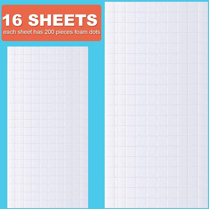 Zonon 16 Sheets Adhesive Foam Squares 3200 Pcs Double Sided Self Dots Precut