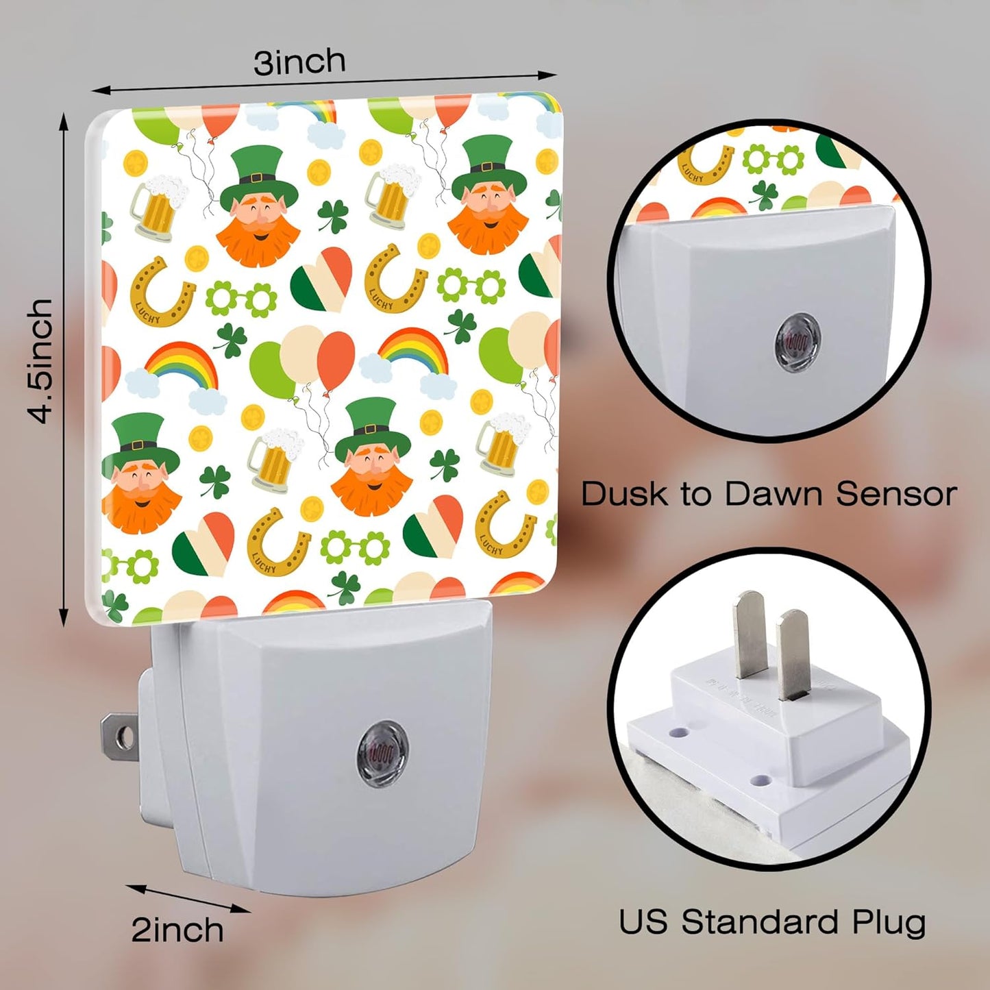St. Patrick's Day Cute Pattern Night Light for Kids,Green Shamrock Leprechaun and Rainbow Night Light Plug in with Dusk to Dawn Sensor, 0.5w Energy Saving Sleep Friendly Nightlight for Kitchen Bedroom