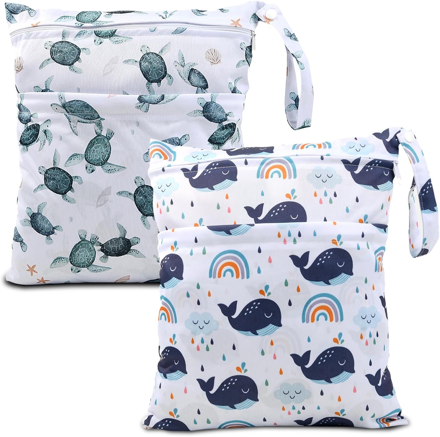 2pcs Cloth Diaper Wet Dry Bags Waterproof Reusable with Two Zippered Pockets Travel Beach Pool Daycare Soiled Baby Items Yoga Gym Bag for Swimsuits or Wet Clothes-Dolphin