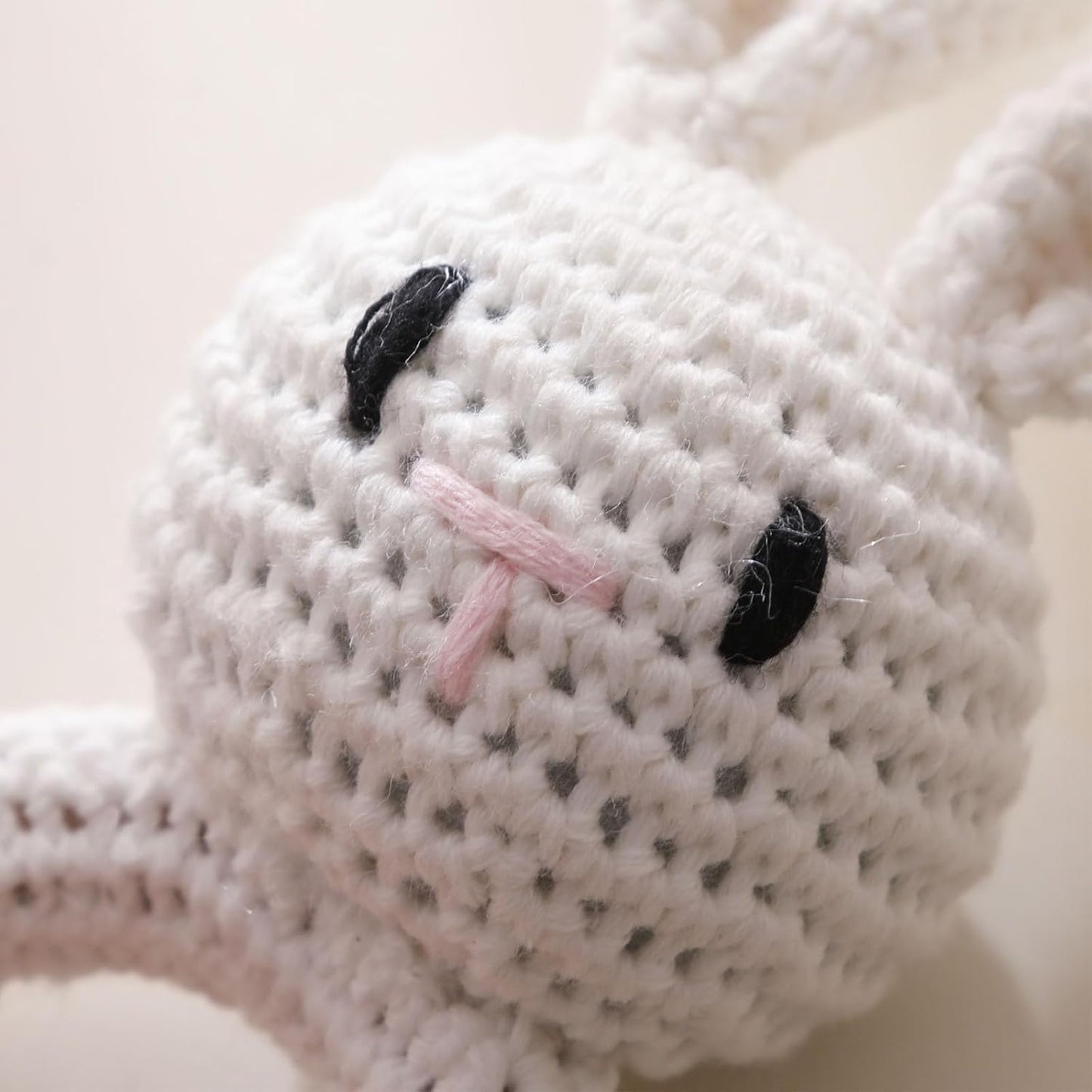Wooden Baby Rattle，Crochet Bunny Rattle with Wood Ring, Newborn Wooden Animal Rattle Toy，Infant White Bunny Wood Rattle Toys Bunny-4