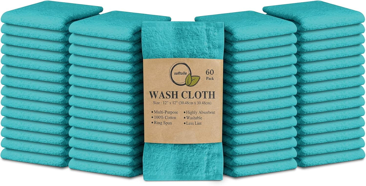 Softolle 100% Cotton Washcloths 60 Pack (12x12 Inches) Soft, Highly Absorbent Washcloth, Face Towels, Wash Cloths for Face, Ring Spun, Bulk Pack (Turquoise)