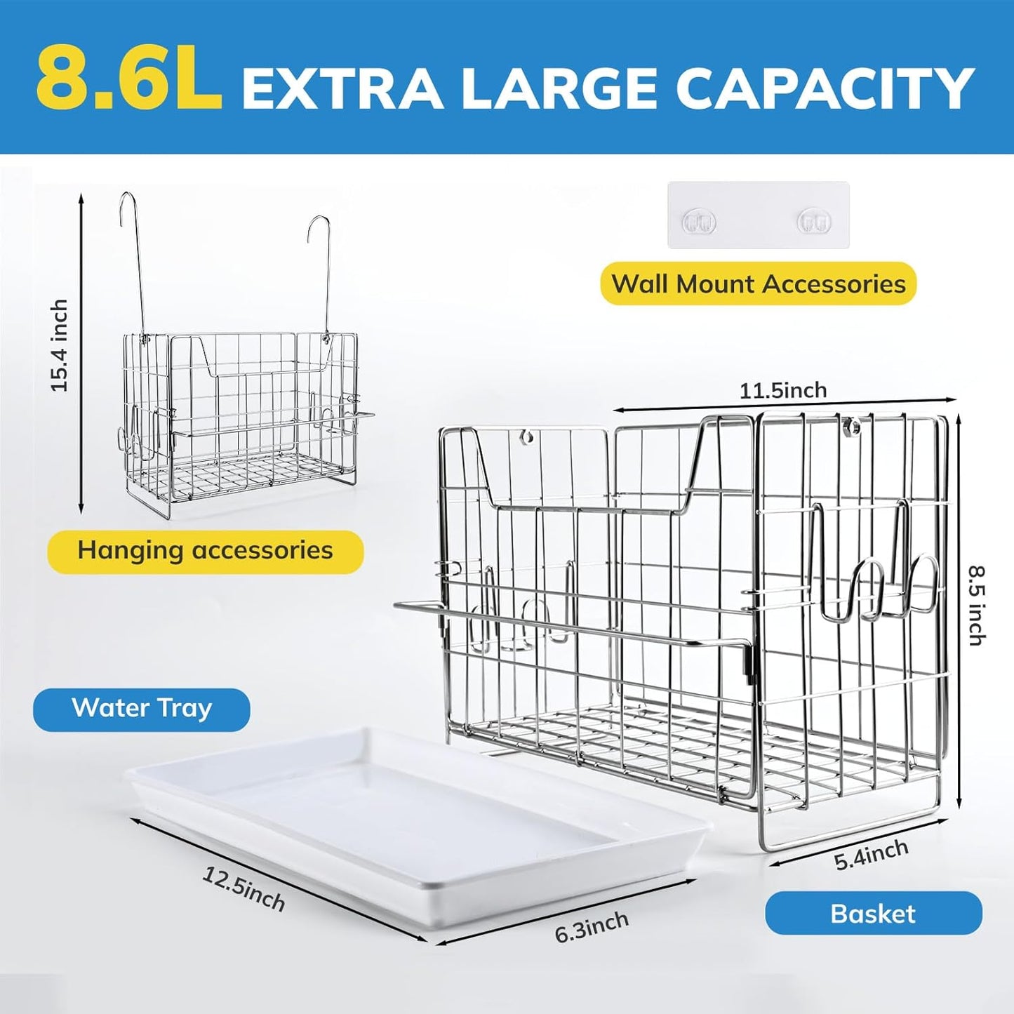 Umimile 304 Stainless Steel Bath Toy Holder - 8.6L Rustproof Baby Bathtub Toy Storage with Quick-Dry Drain Holes, Mold Resistant Design for Toys/Shampoo, 3-Way Mount (Wall, Hanging, Stand)