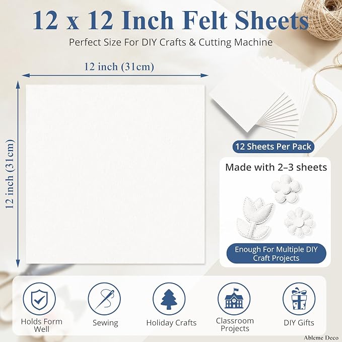 12" x 12" Felt Sheets for Crafts, 2mm Stiff Felt Fabric, Ivory | 2mm Thick