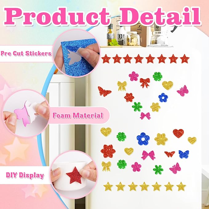 500Pcs Foam Stickers Glitter Colorful Flower Butterfly Bow Shapes Stickers