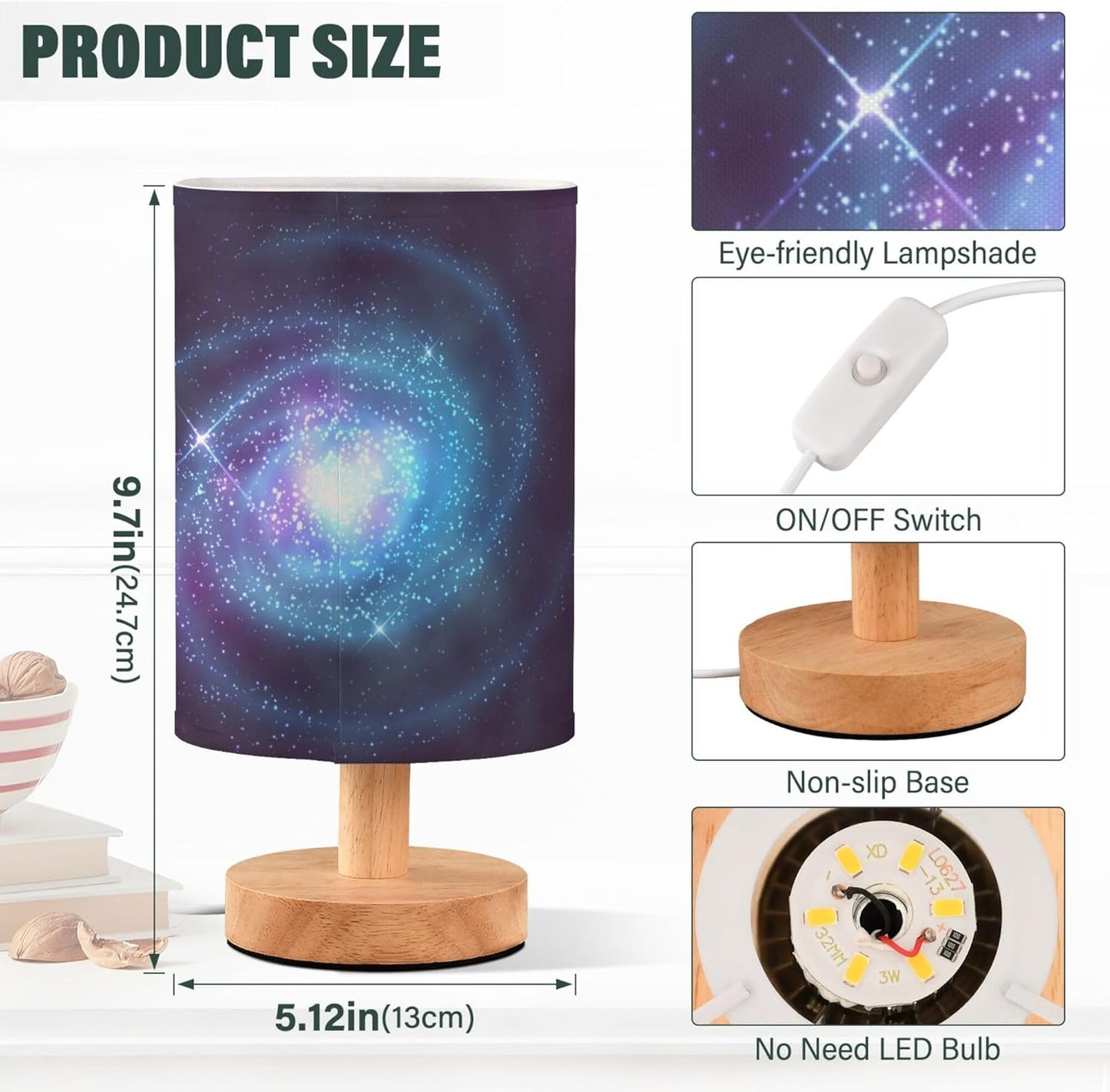 Spiral Galaxy Nebula Starry Night Sky Swirl Nightstand Desk Lamp with Wood Base Fabric Shade for Living Room Bedroom Kids Room Office