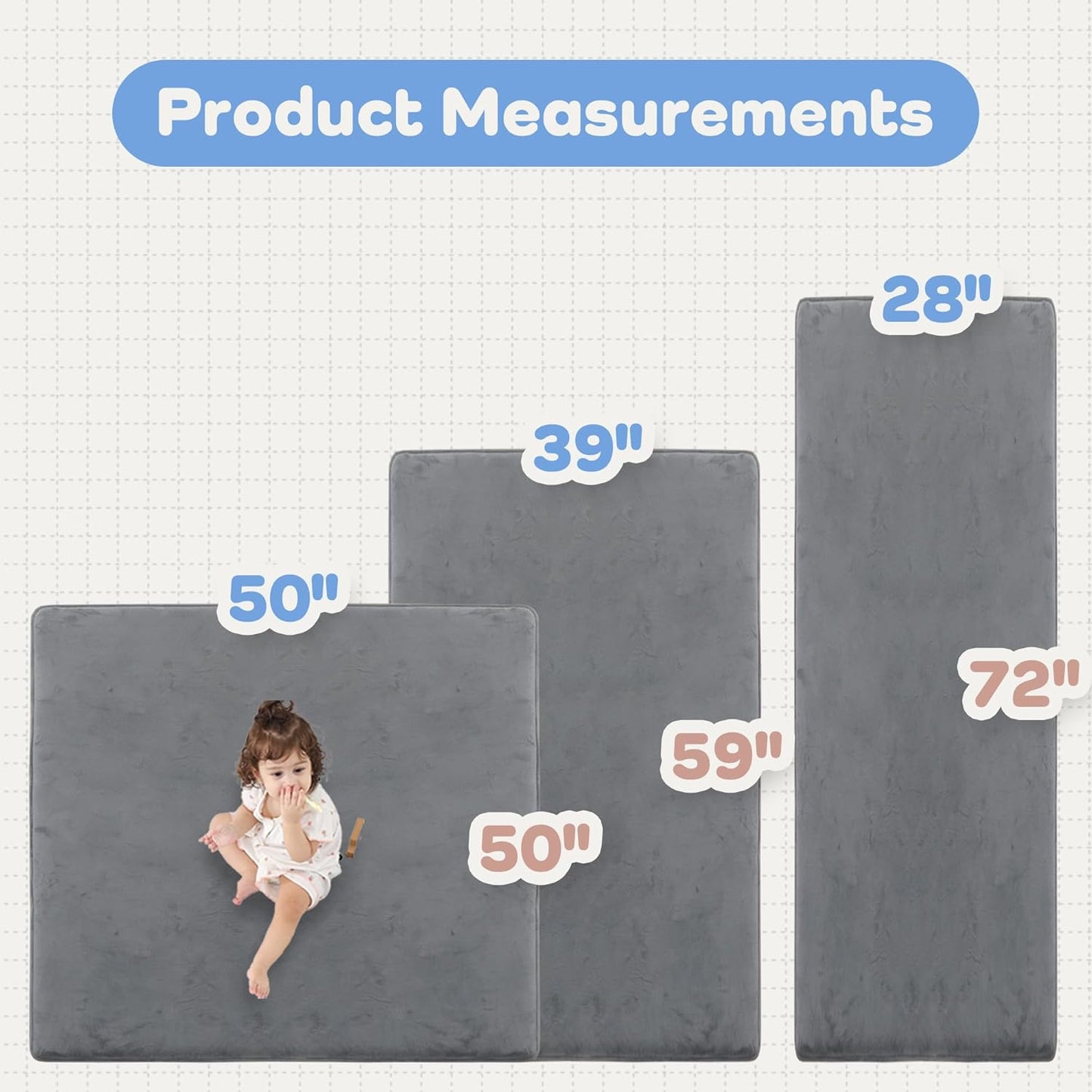 1.3" Thick Baby Floor Play Mat 50x50, Basic Padded Foam Mat for Tummy Time Crawling, Non Slip Cushioned for Babies Toddlers Infants Kids (Dark Grey)