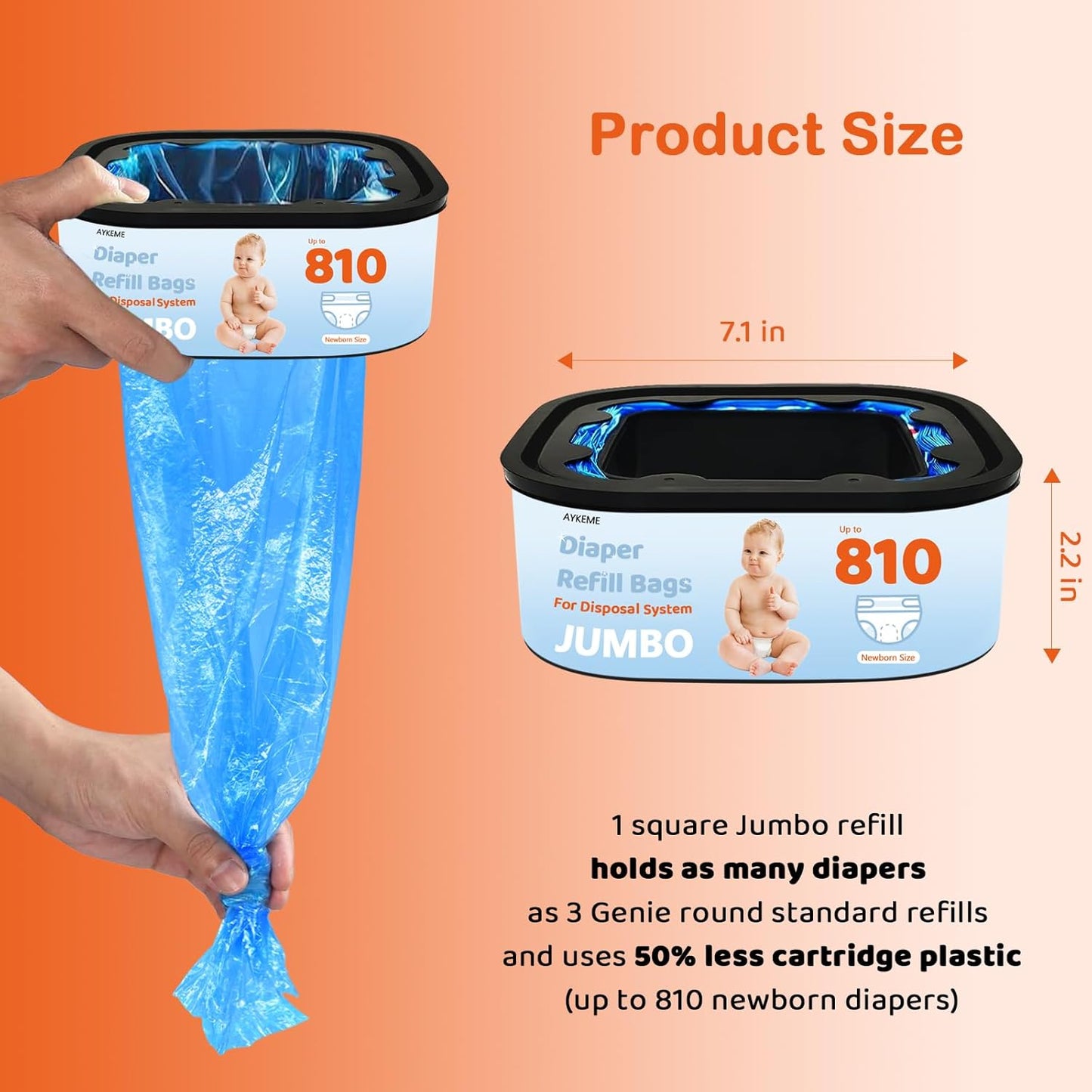 Jumbo Square Refills Disposal Bags Compatible with Diaper Genie Compact & Select Pails (Not Fit Classic),Hold Up to 810 Newborn-Sized Diapers Per Refill(3 Pack)
