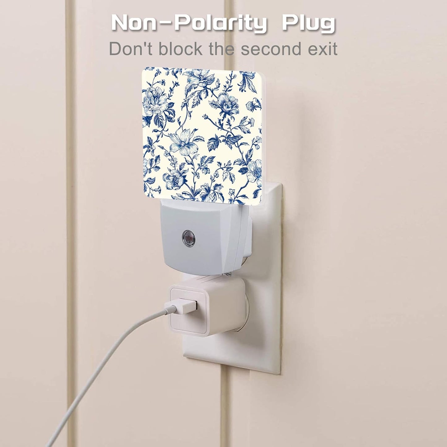 Vintage Blue Flowers Night Light, Abstract Botanical Floral Leaves Dusk to Dawn Night Light Plug in, 0.5w Energy Saving Sleep Friendly NightLight for Kids Boys Girls Home Decor
