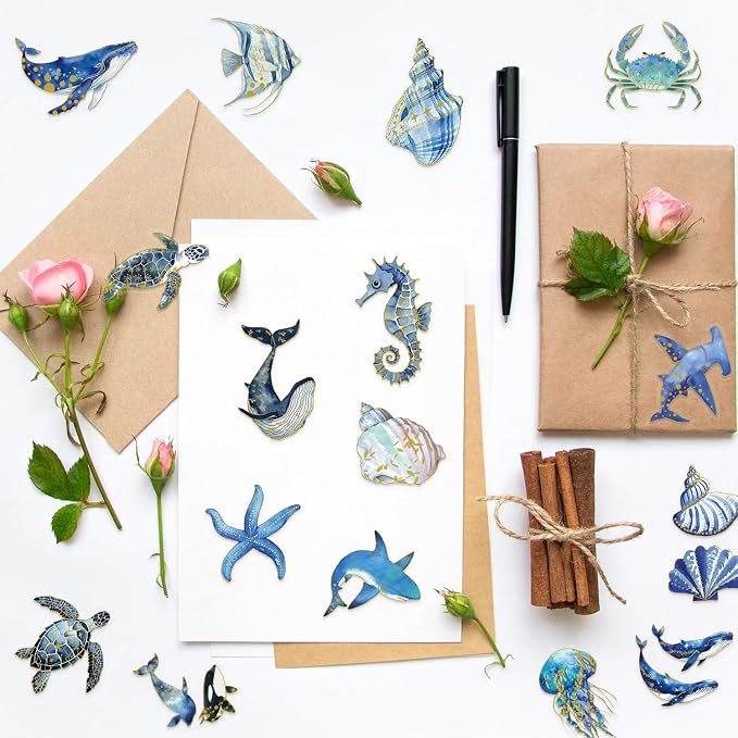 50PCS Marine Animal Stickers Aesthetic Transparent PET Sticker Gold foil