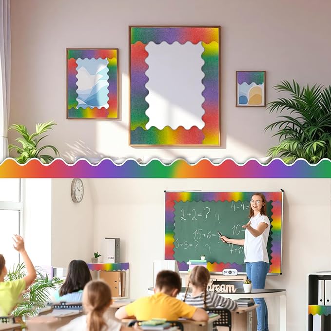 70Ft Shine Rainbow Bulletin Board Borders，Scalloped Poster Boards Decorations