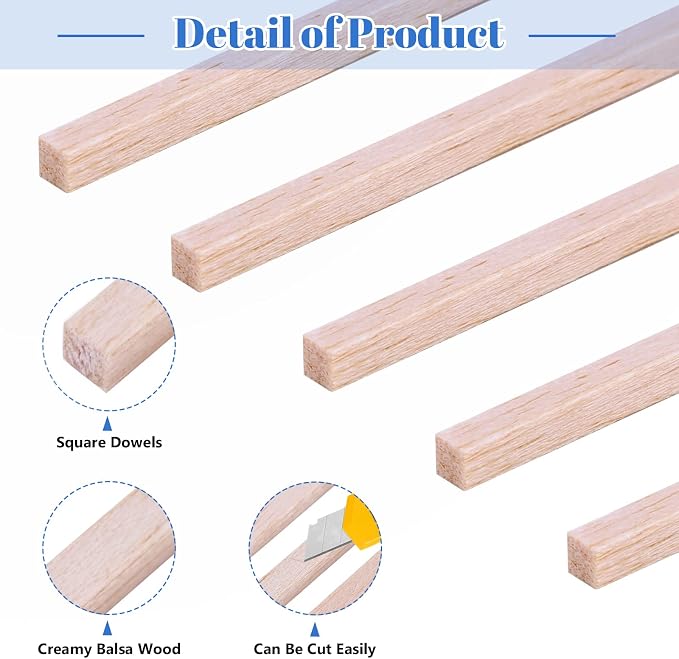 280Pcs Balsa Wood Sticks 1/8 x 1/8 x 12 inch Wood Strip Square Wooden Dowel |