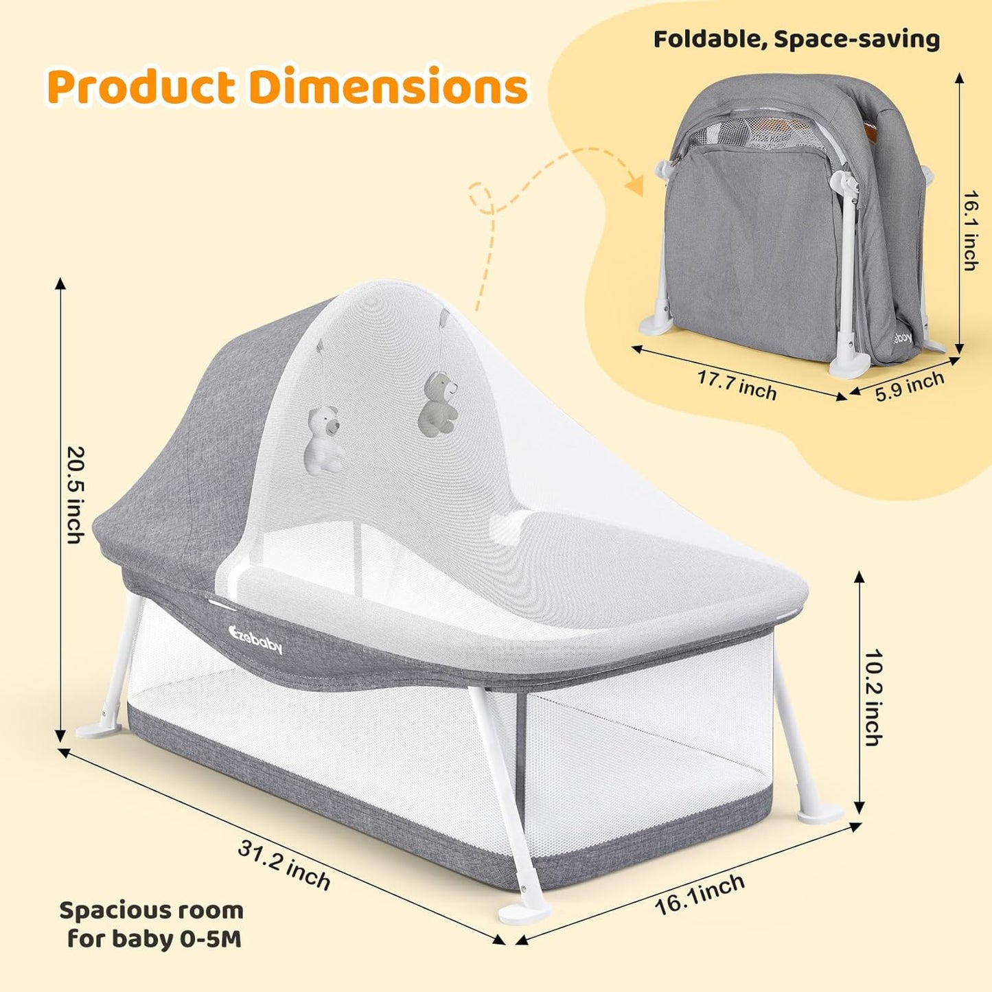 Ezebaby Portable Travel Bassinet for Baby 0-5 Months, Foldable Newborn Bassinet Baby Bed Infant Crib with Padded Mattress, Canopy, Mosquito Net, Carrying Bag