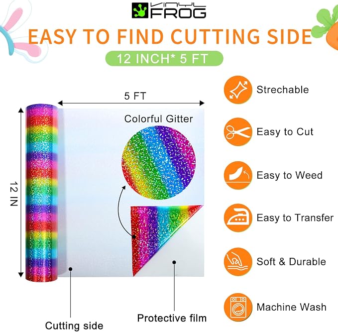VINYL FROG Rainbow Holographic Heat Transfer Vinyl 12''x5ft Glitter HTV |