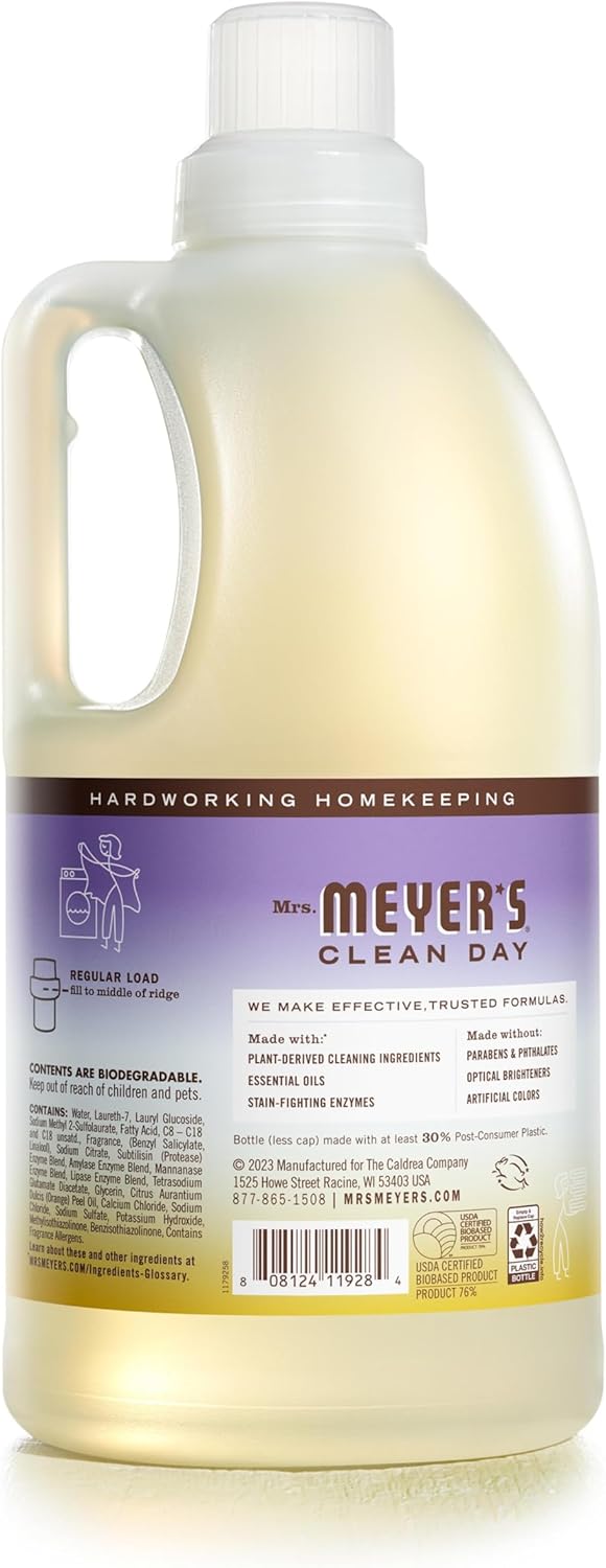MRS. MEYER'S CLEAN DAY Liquid Laundry Detergent, Infused with Essential Oils, Compassion Flower, 64 oz (64 Loads)