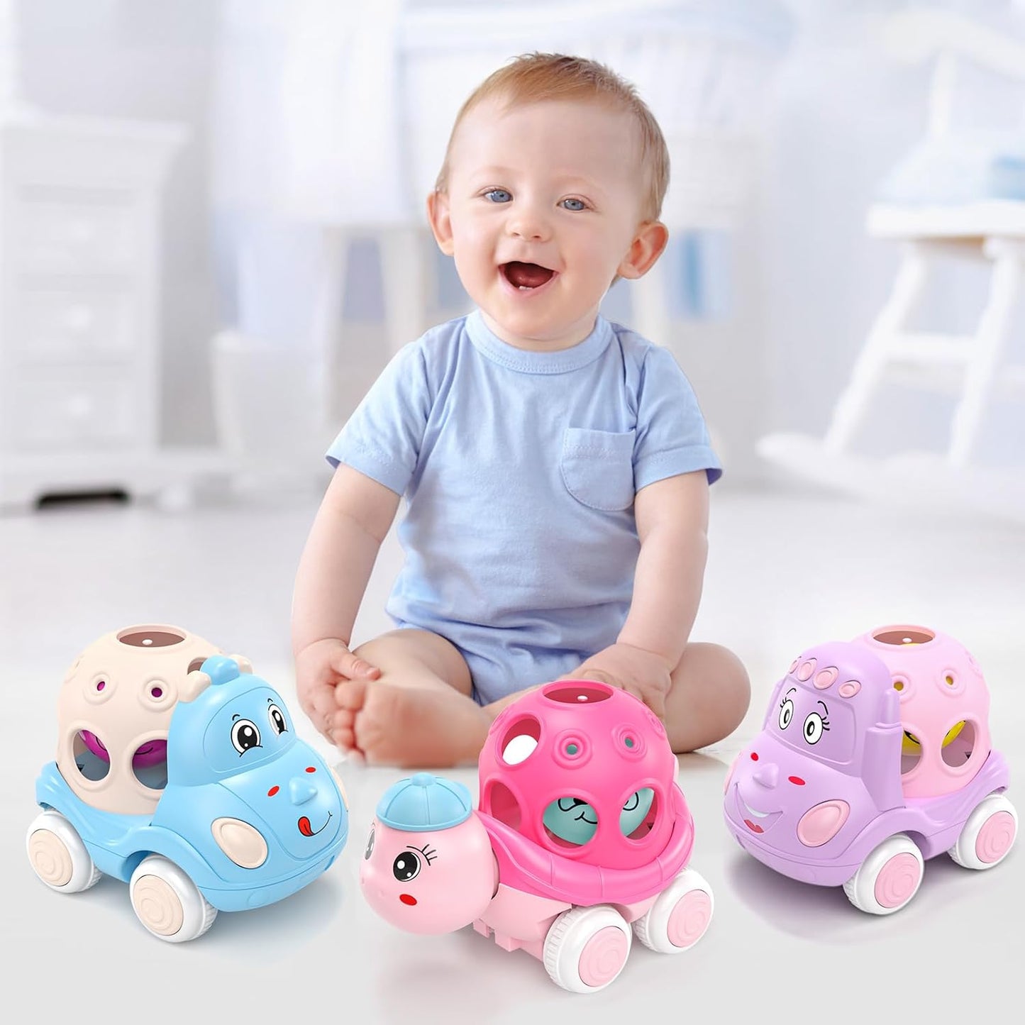 Baby Girl Toys Gifts for 1 2 Year Old Girls, Pink Cars for Babies 6-12 12-18 Months, Push and Go Trucks for Toddlers, Soft Rattle and Roll Toys for One & 1+ Infants First Birthday Gift