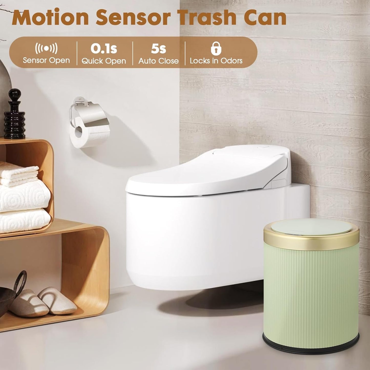 Motion Sensor Bathroom Trash Can Touchless, 3.7 Gallon Modern Automatic Garbage Can with Lid,Diaper Trash Bin,Plastic Smart Dog Proof Trash Bin Suitable for Toilet, Bedroom, Office, Kitchen -Green