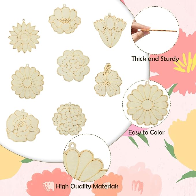 16 pcs Mixed Styles Cute Flower Theme Undyed Wood Cutout Charms Spring