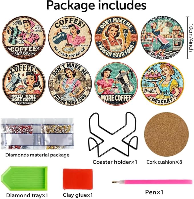 8Pcs Retro Housewife Diamond Art Coasters Kit, Vintage Coffee Diamond Painting