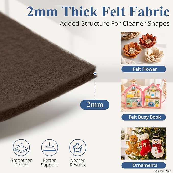 12" x 12" Felt Sheets for Crafts, 2mm Stiff Felt Fabric, Polyester Felt Squares
