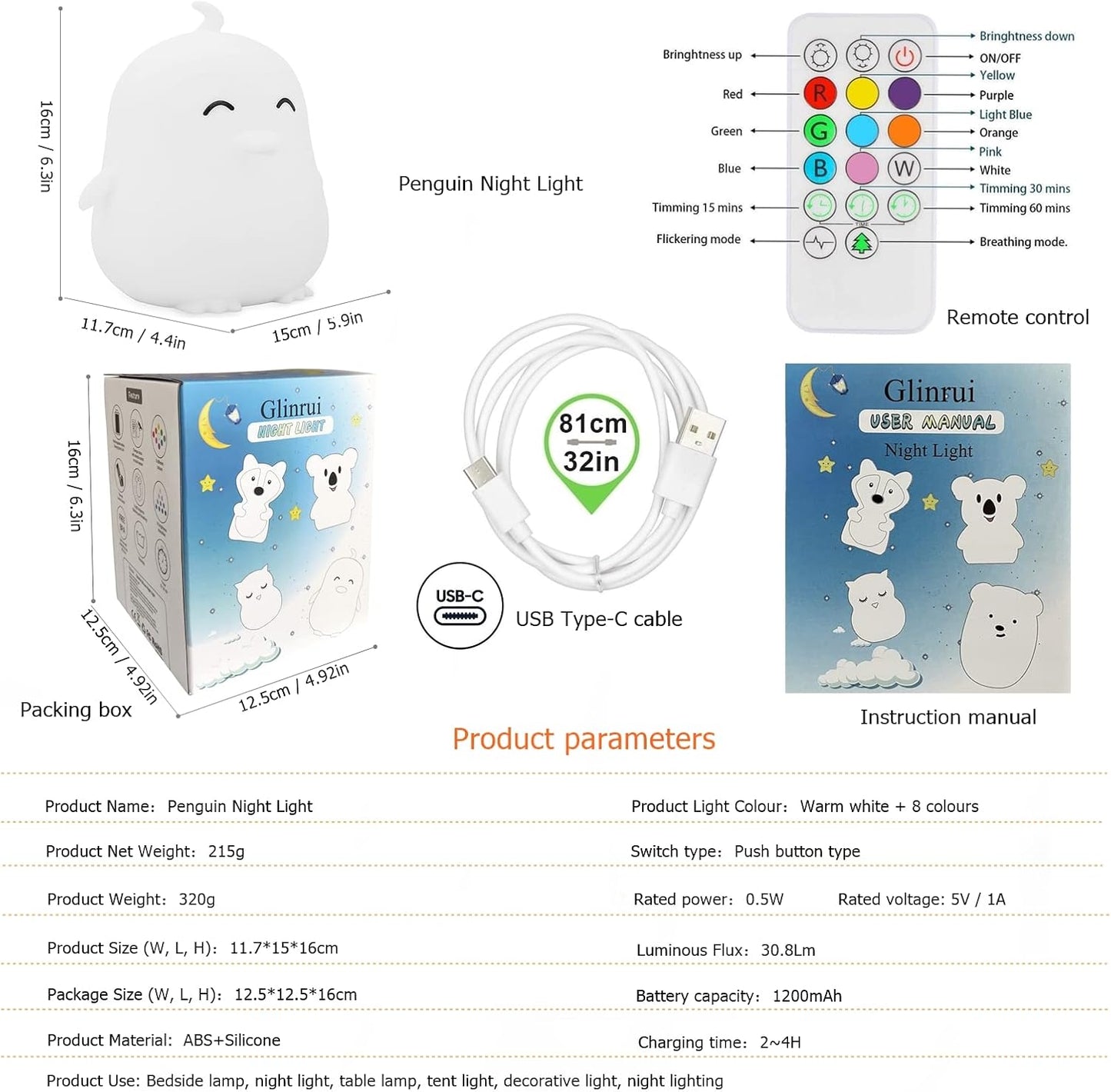 Large Penguin Night Lights for Babies Bedroom Light, lamp Kids, Toddler Nursery lamp Soft Decorative Lamps - Break Resistant, Eye Caring, Adjustable Brightness & Color, Time Setting - Large
