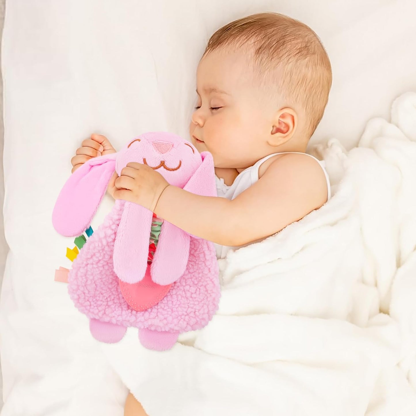 Pro Goleem Bunny Loveys for Babies Girl and Boy, Baby Lovey with Teether, Baby Toys 0 3 6 9 12 Months, Safety Teething Toys for Babies Infant Newborn and Toddler Gifts