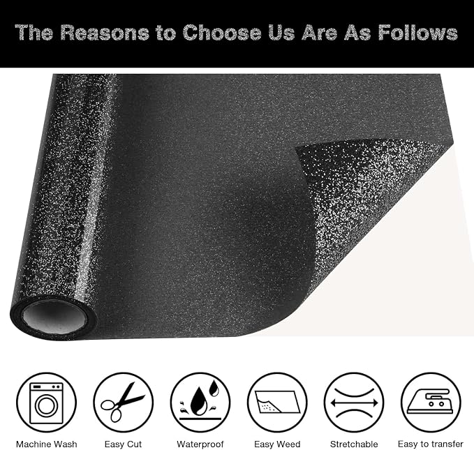 Black Glitter HTV Heat Transfer Vinyl Roll 12inch x 20 ft