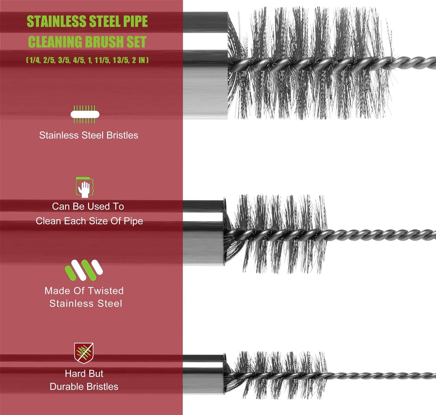 16 Inch Extra Long Pipe Cleaning Brush Set Stainless Steel Bristles, Stainless Steel Pipe Brush Steel Bottle Brush 8 Piece Variety Pack for Auto Parts, Bottles,Tubes, Etc.