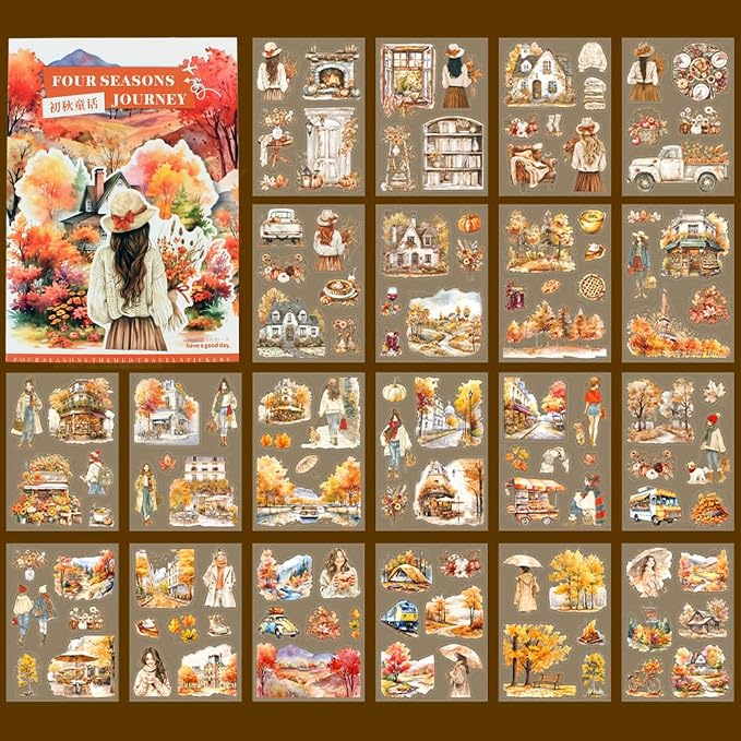 Fall Landscape Pre-Cut Autumn Journal Sticker Book, Transparent PET Watercolor