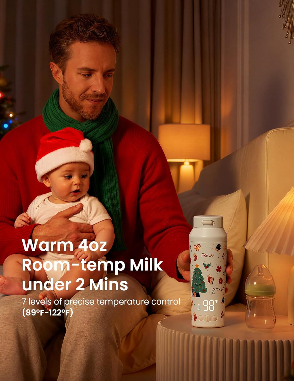 Paruu Portable Bottle Warmer for Travel, Easy-Clean Wide Mouth, Portable Milk Warmer with Fast Heating for Night Feeding, 7-Temp Control, Large 12oz Capacity, Christmas Limited Edition, Beige