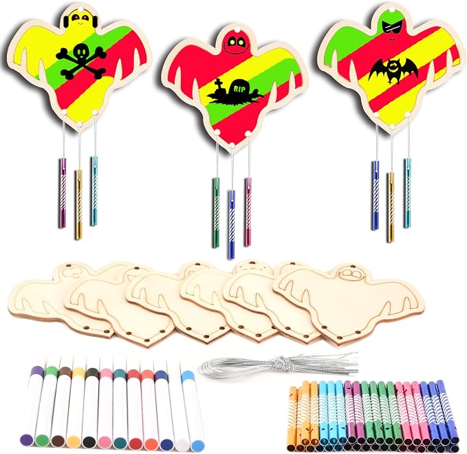 Wooden Ghosts Wind Chime Ornaments Painting Craft, 6 Style Cutouts