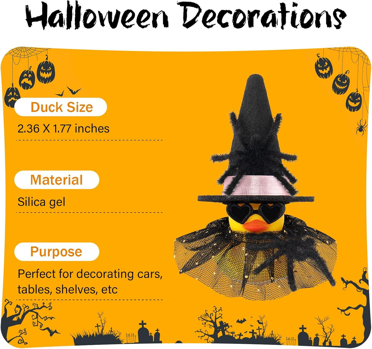 wonuu Car Dashboard Spider Witch Rubber Ducks for Halloween, Decorations Duck for Office Desk Ornament Accessories with Hat Glasses Skirt, for Halloween Party Gifts (Gold Point Skirt Pink)