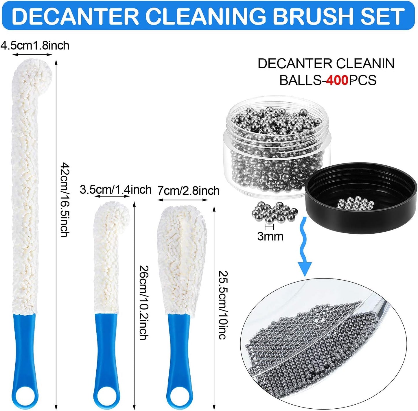 3 Pieces Decanter Cleaning Brush Flexible Bottle Scourer and 400 Pieces Reusable Decanter Cleaning Beads Household Cleaning Tools for Wine Decanters Goblets Glasses Cups (Blue Handle)