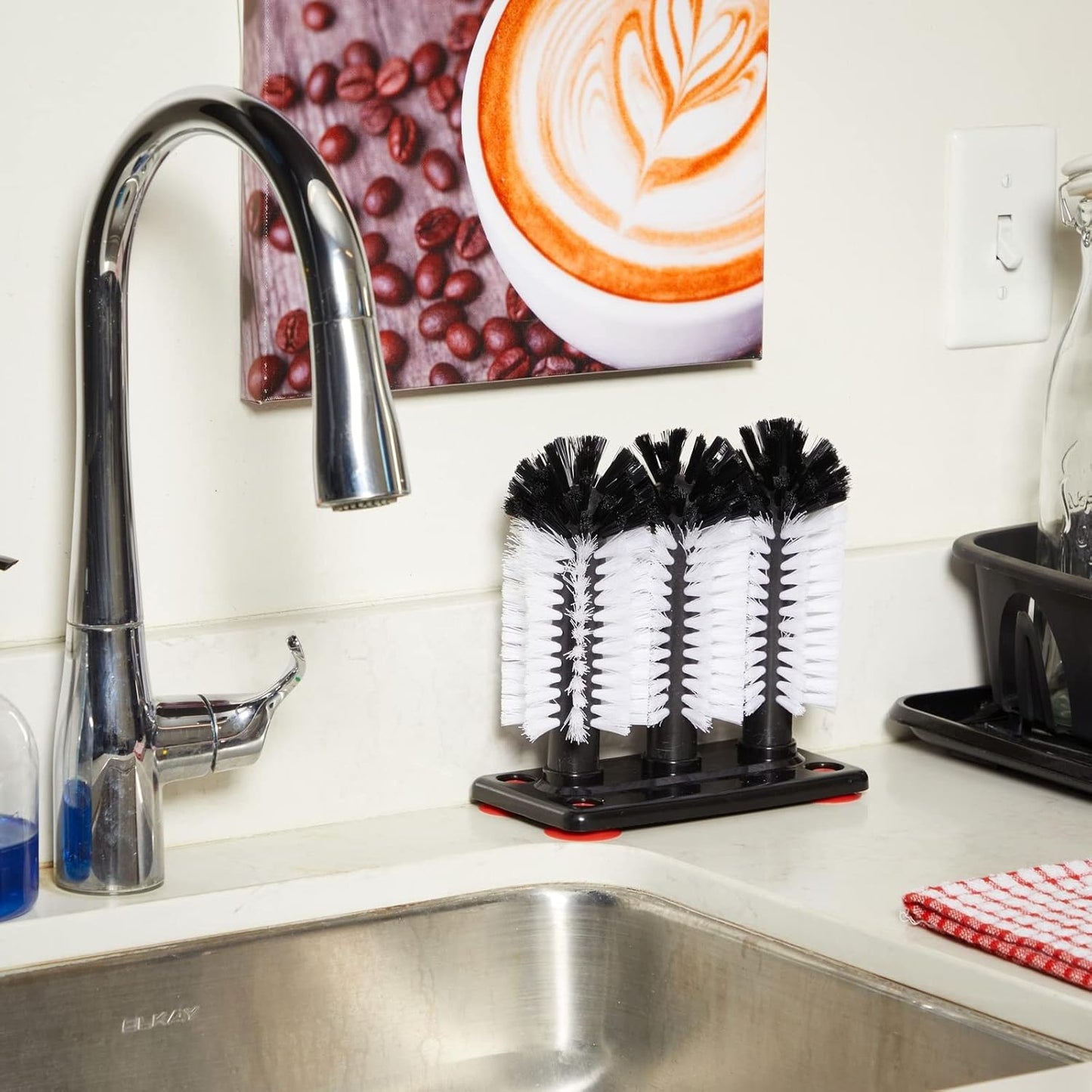 Stockroom Plus Glass Washer for Bar Sink - Bar Glass Cleaner with Stable Suction Cup Base - Three-Head Bottle Brush for Deep Clean - Detachable Cup Brush Cleaner Heads with Drain Hole - White & Black