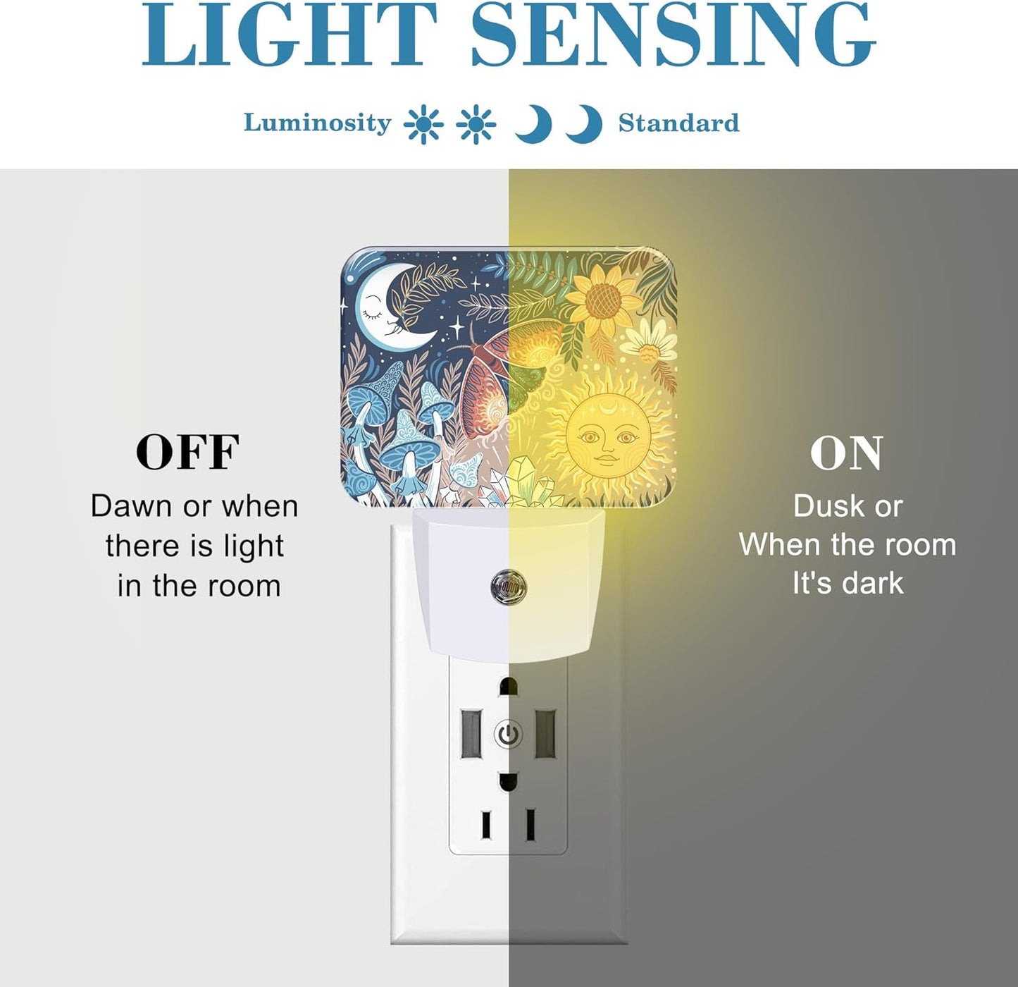 Boho Moth Mushroom Night Light for Kids, Sun and Moon With Faces LED Night Light Plug into Wall with Dusk to Dawn Sensor for Girls Boys Women Men Room, Hallway, Kitchen, Bathroom, Stairs Decor