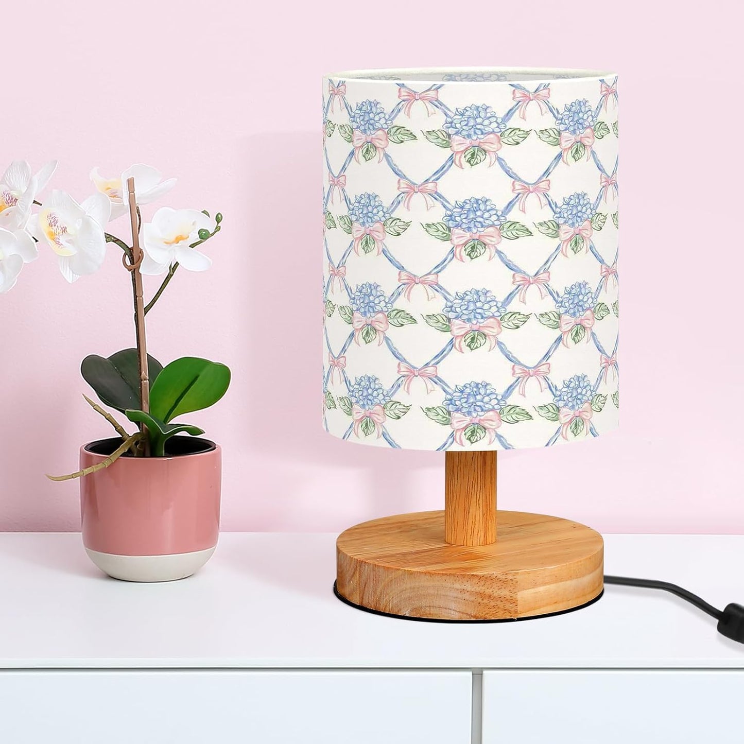 VIHOSE Blue Hydrangea Kids Table Lamp for Bedroom Kids Bedside Lamp with Linen Wooden Nightstand Cartoon Nursery Lampshade for Girls Boys Living Room