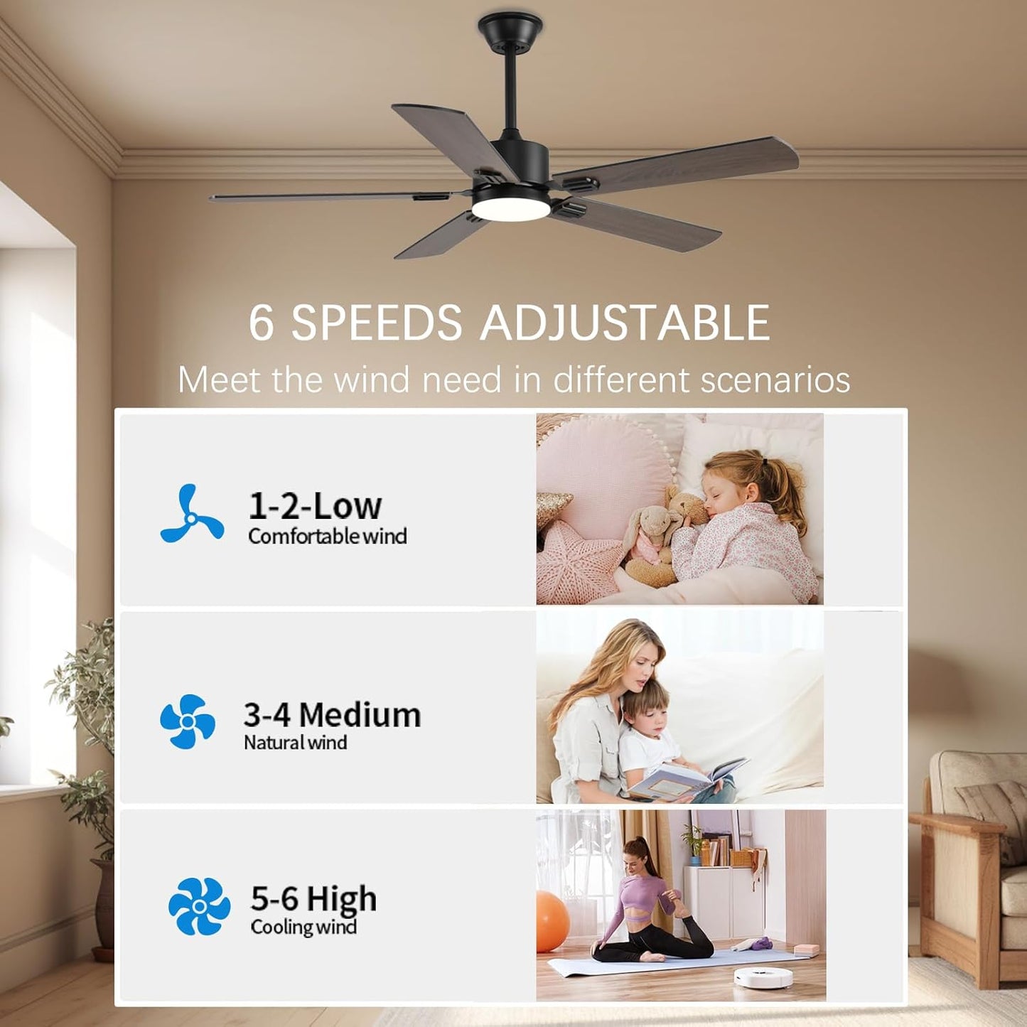 56inch Ceiling Fans with Lights and Remote/App Control, DC Reversible Motor, Noiseless, Dimmable, Low Profile Modern Ceiling Fan for Bedroom Indoor/Outdoor Use（Brown）
