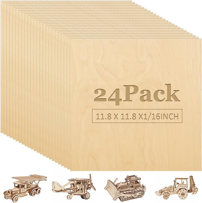 24 Pack 12 x 12 x 1/16 Inch Baltic Birch Plywood 1.5mm Wood Sheet, Baltic Birch