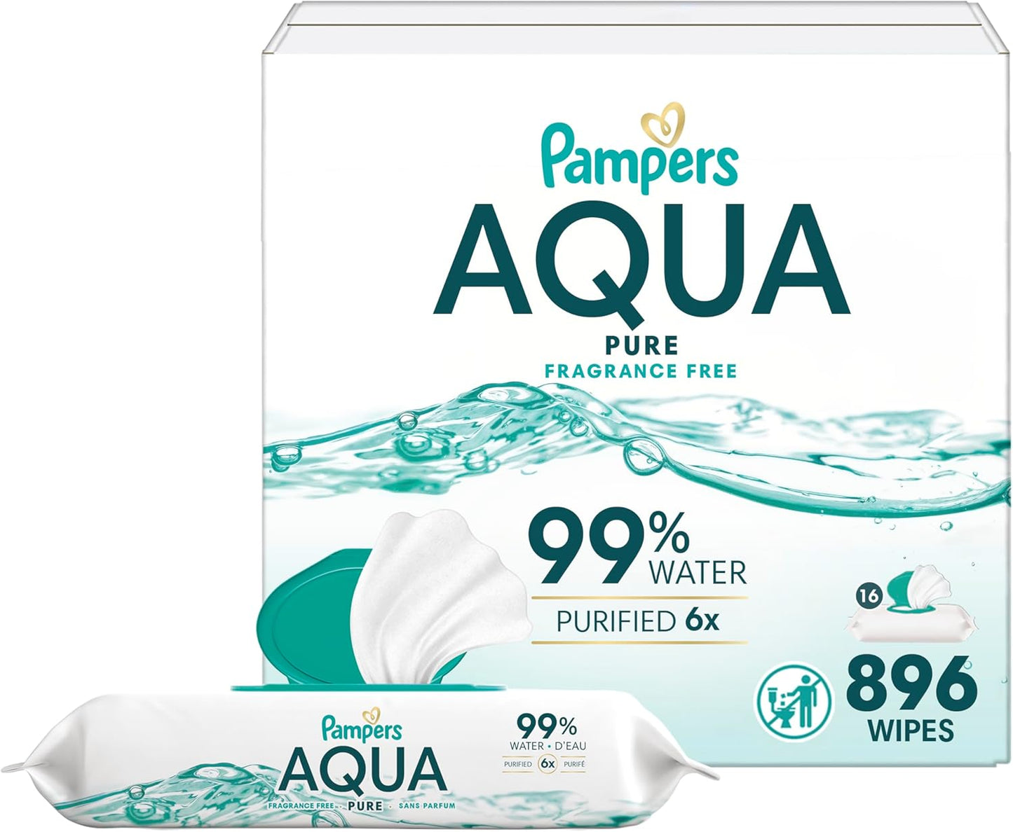 Pampers Aqua Pure Baby Wipes, 99% Water, Fragrance Free, 896 Baby Wipes Total (16X Flip-Top Packs) [Packaging May Vary]