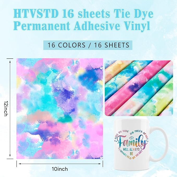 Tie Dye Patterned Permanent Adhesive Vinyl 16 Sheets 12'' x 10'' | Pastel