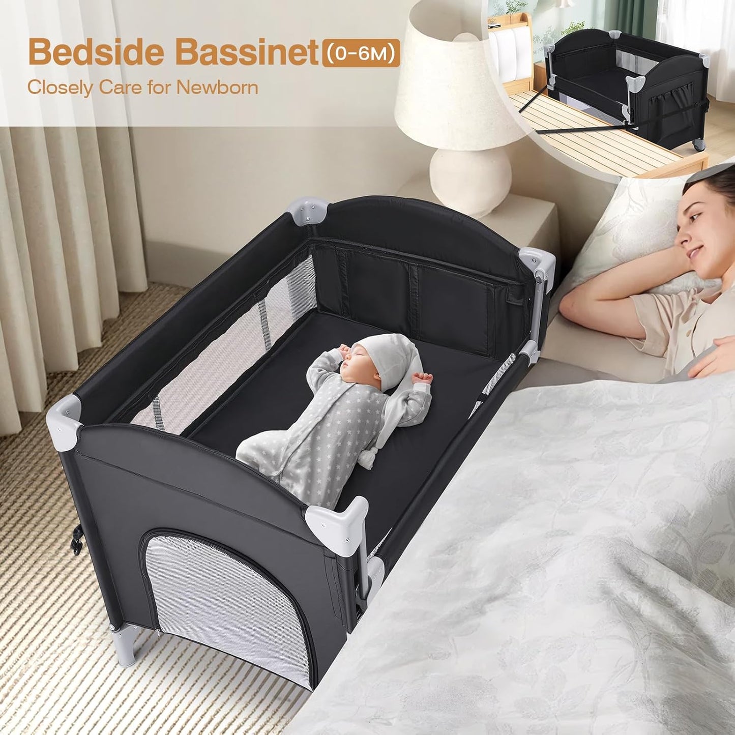 JOYMOR 4 in 1 Pack and Play, Baby Bedside Bassinet, Sturdy Play Yard with Padded Mat and Toy bar with Soft Toys
