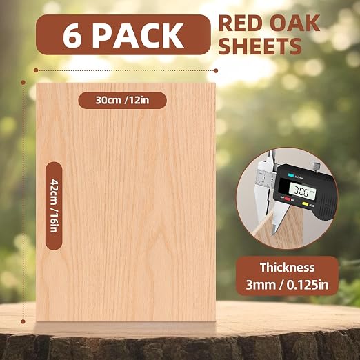 Rowood 6 Pack Oak Plywood Sheets 1/8, 3mm Thin Unfinished Craft Wood