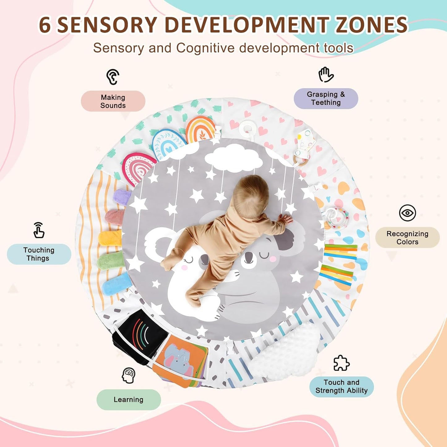 Baby Play Gym & Activity Mat, Tummy Time Mat with Tummy Time Pillow 7 Detachable Sensory Toys and Educational Cards for Motor Skills & Sensory Development, Baby Essentials Shower Gift, Grey Koala