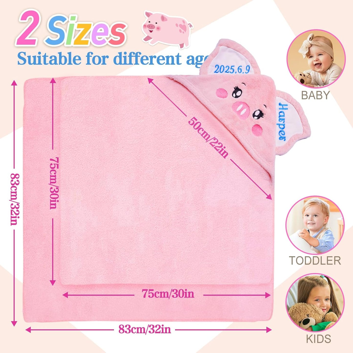 Custom Hooded Baby Towel with Name, Soft and Absorbent Customized Pig Toddler Towels, Baby Bath Towels for Boys and Girls, Easter Birthday Towel for Kids，Babies, Toddlers, Newborns Essential