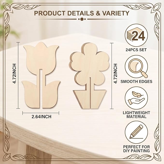 24-Piece 3D Craft Set Wooden Unfinished Wood Crafts Flowersspring Crafts