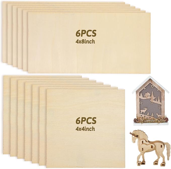 12PCS Balsa Wood Sheet, 2mm 4x8in and 4x4in Thin Unfinished Wood Boards Plywood