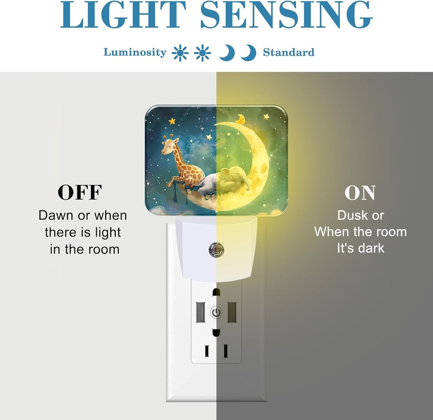 Cute Giraffe and Elephant Sleeping On Moon Night Light for Kids, LED Night Light Plug into Wall with Dusk to Dawn Sensor for Girls Boys Women Men Room, Hallway, Kitchen, Bathroom, Stairs Decor