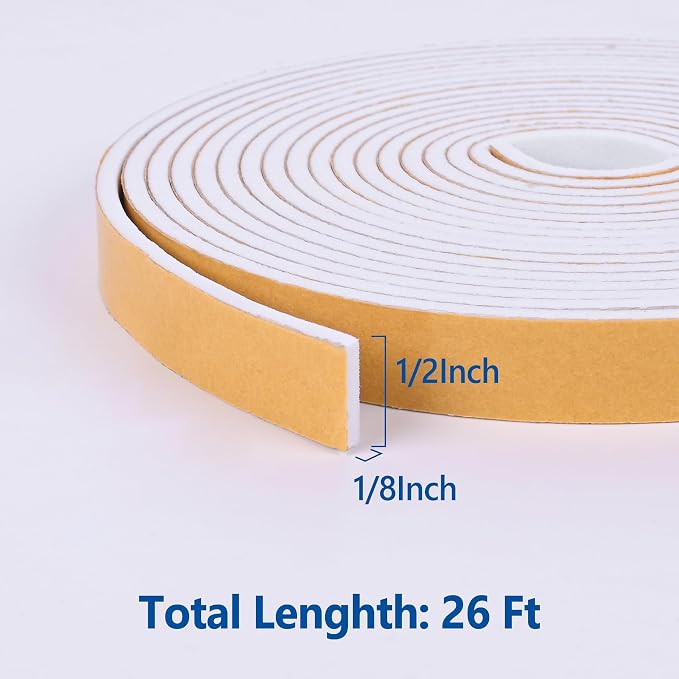 Kikerike Self Adhesive Foam Tape Weatherstrip 1/2in x 1/8in x 26Ft High Density