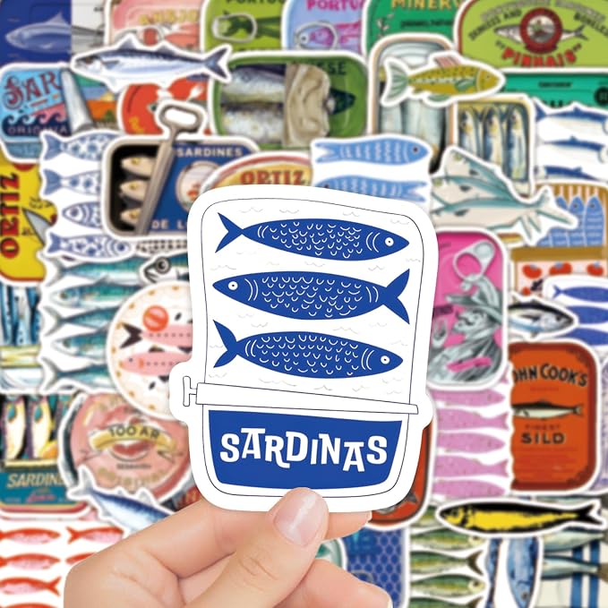 50 Pcs Vintage Sardine Fish Can Stickers, Retro Seafood Tin Label Ocean Fish
